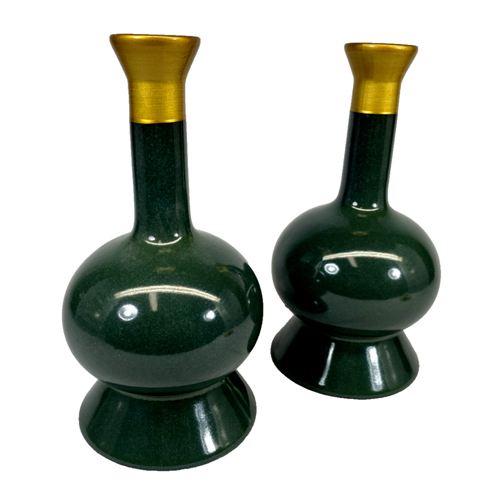 Set of 2 Green Ceramic Taper Candle Holders Opalhouse x Jungalow 9.5" Gold Trim